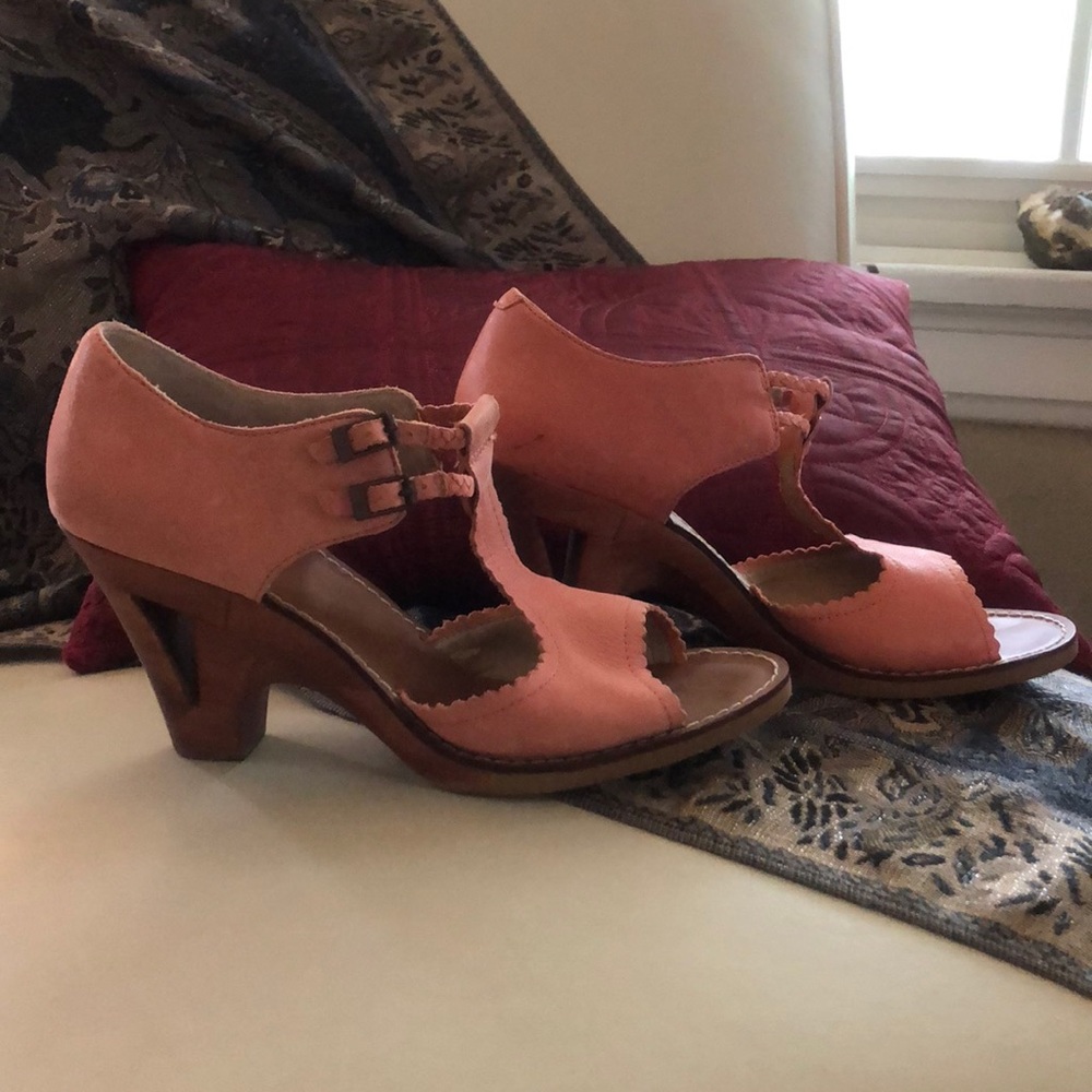 peach leather and wood sandals